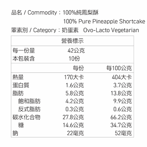 100%純鳳梨酥10入線上購物營養標